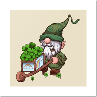 St Patrick’s Day Gnome With Wheelbarrow Carrying Four-Leaf Clovers Posters and Art